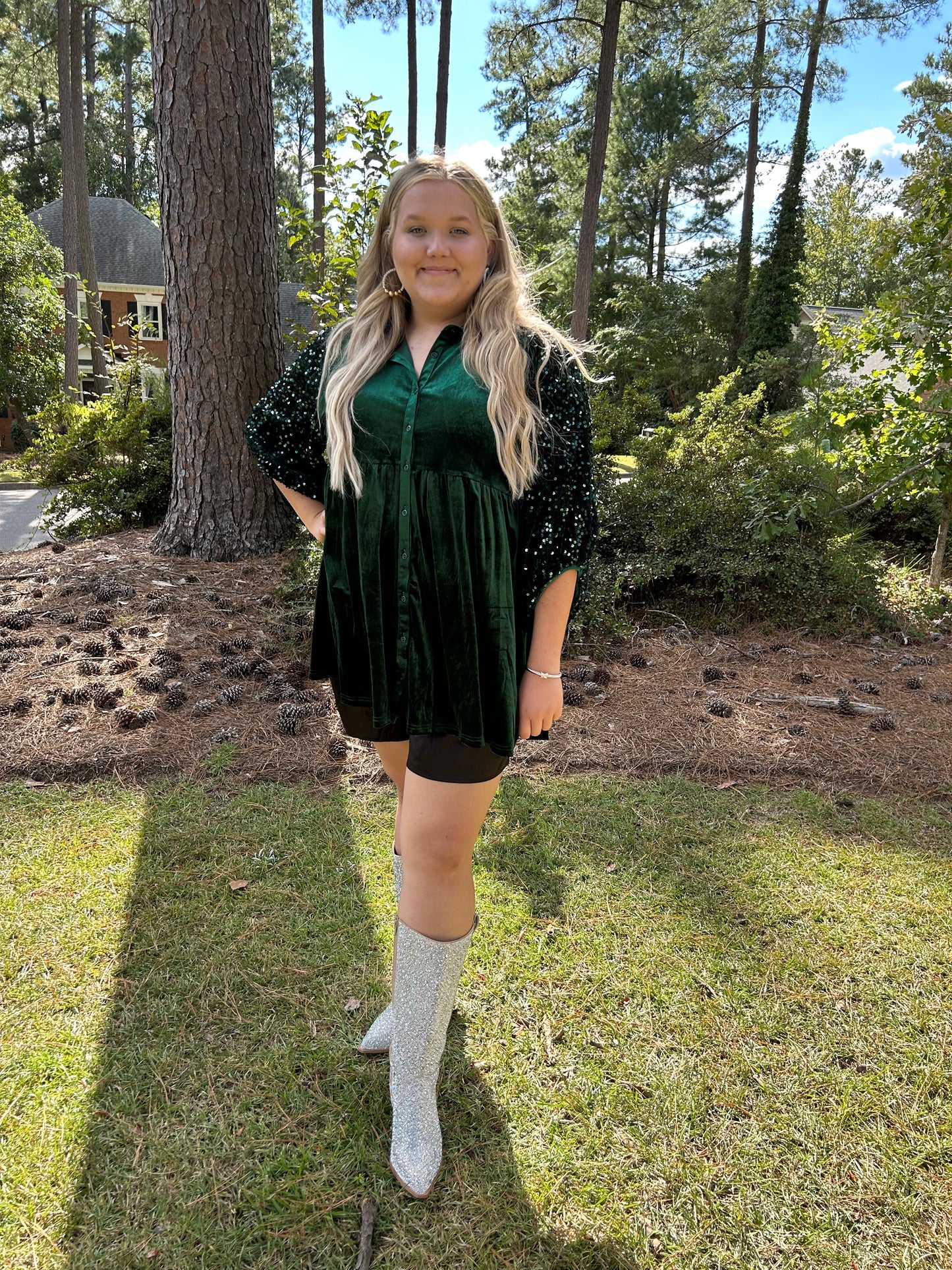 Hunter Green Sequin Puff Sleeve Top