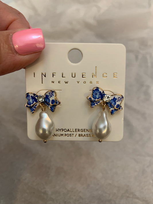 Blue Willow Bow Studs with Pearl Dangle