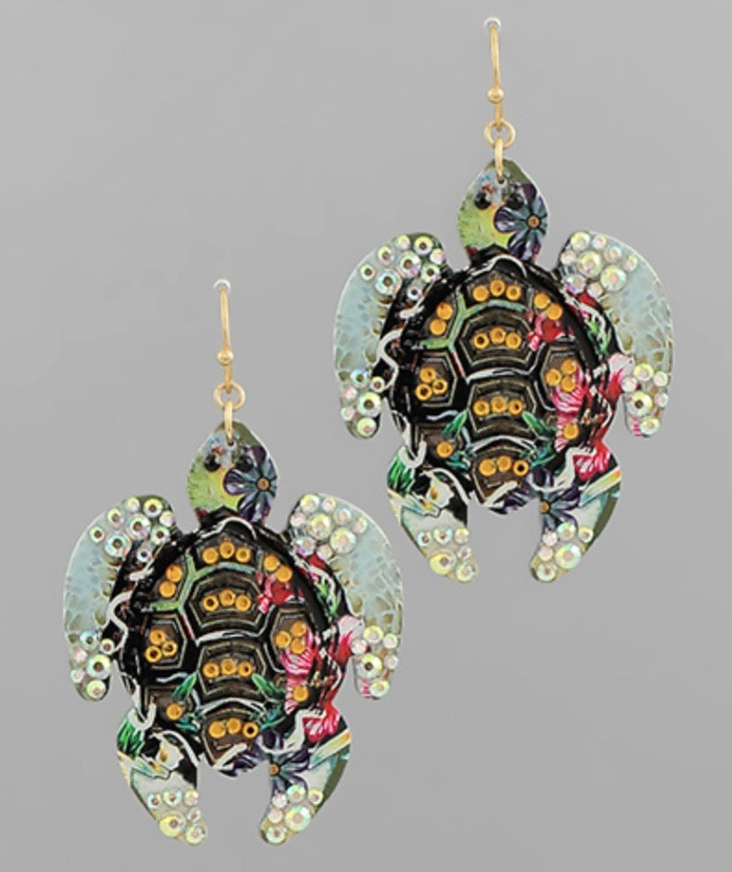 Pave Printed Sea Turtle Earrings with Rhinestone Detailing