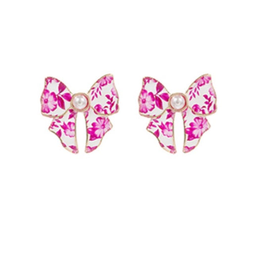 Flower Pattern Bow & Pearl Earrings
