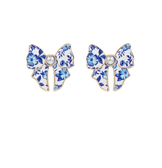 Flower Pattern Bow & Pearl Earrings