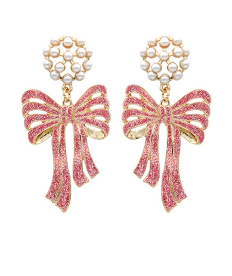 Christmas Bow Earrings with Pearl Cluster Post