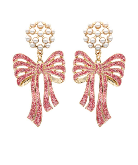 Christmas Bow Earrings with Pearl Cluster Post