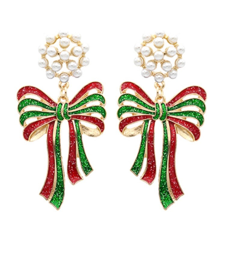 Christmas Bow Earrings with Pearl Cluster Post