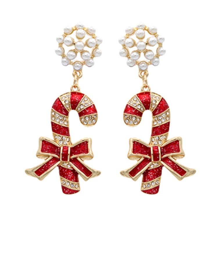 Red Candy Cane with Bow and Pearl Cluster Post