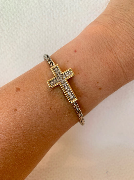 Silver and Gold Cross Bracelet with Rhinestone Detailing