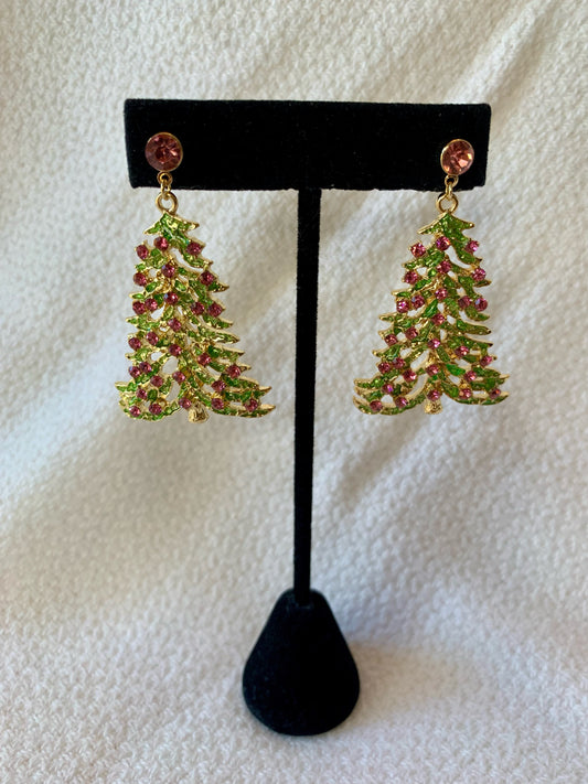 Green and Pink Rhinestone Christmas Tree Earrings