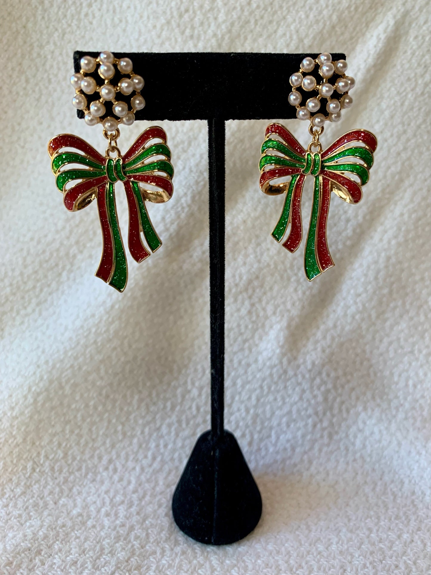 Christmas Bow Earrings with Pearl Cluster Post