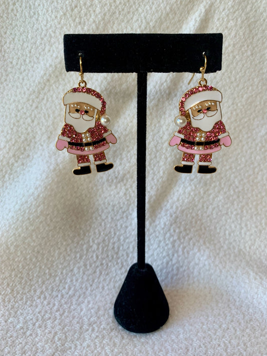 Pink Rhinestone Santa Earrings with Pearl detailing