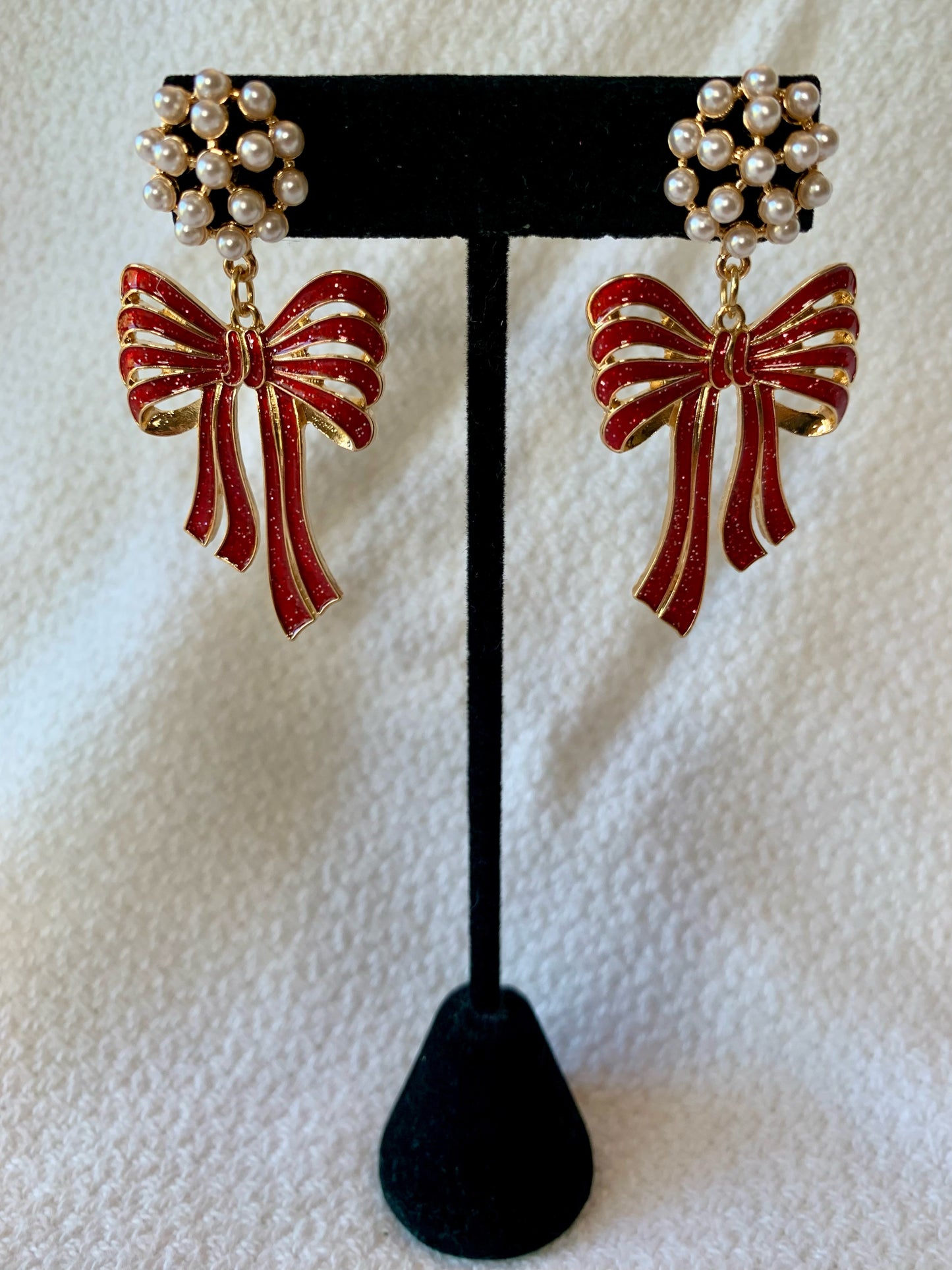 Christmas Bow Earrings with Pearl Cluster Post