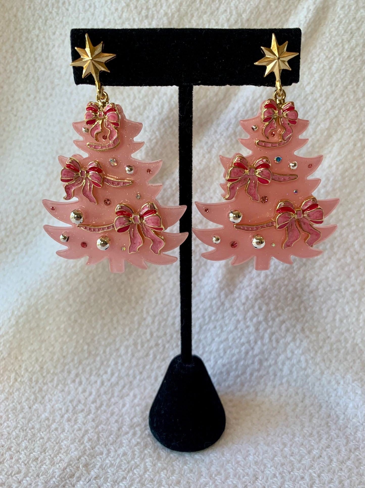 Pink Acrylic Christmas Tree Earrings with Pink Bows