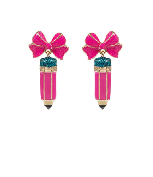 Pink Teacher Bow & Pencil Earrings