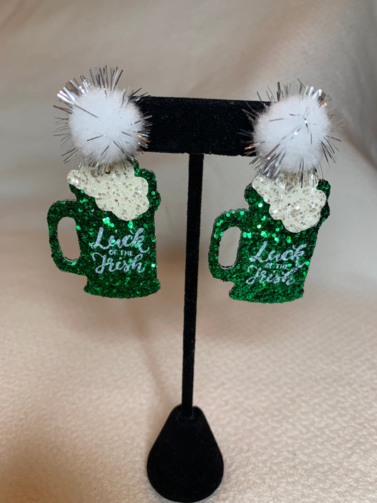 St. Patricks Day Luck of The Irish Beer Float Earrings with Sparkly Pom Detail