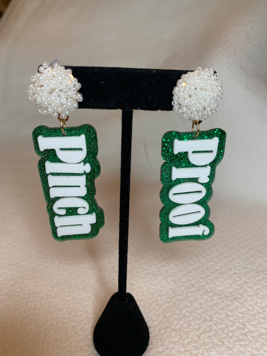 St.Patricks Day Pinch Proof Acrylic Earrings with White Beaded Pom Detailing