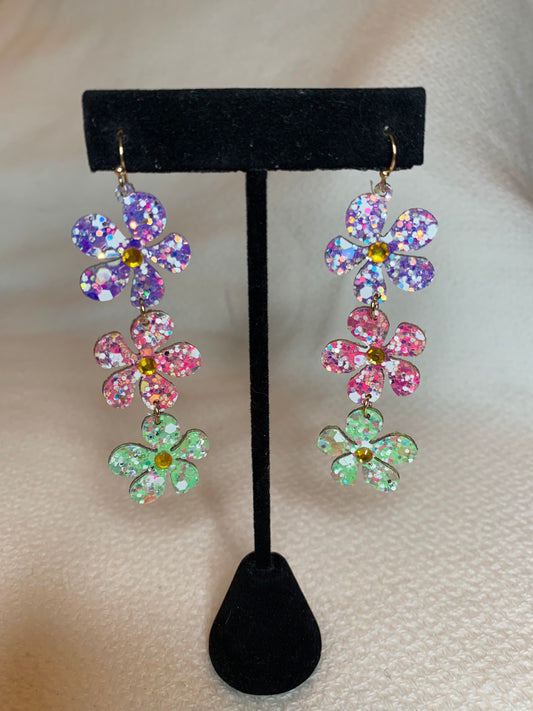 3 Colorful Spring Flower Sparkly Dangles