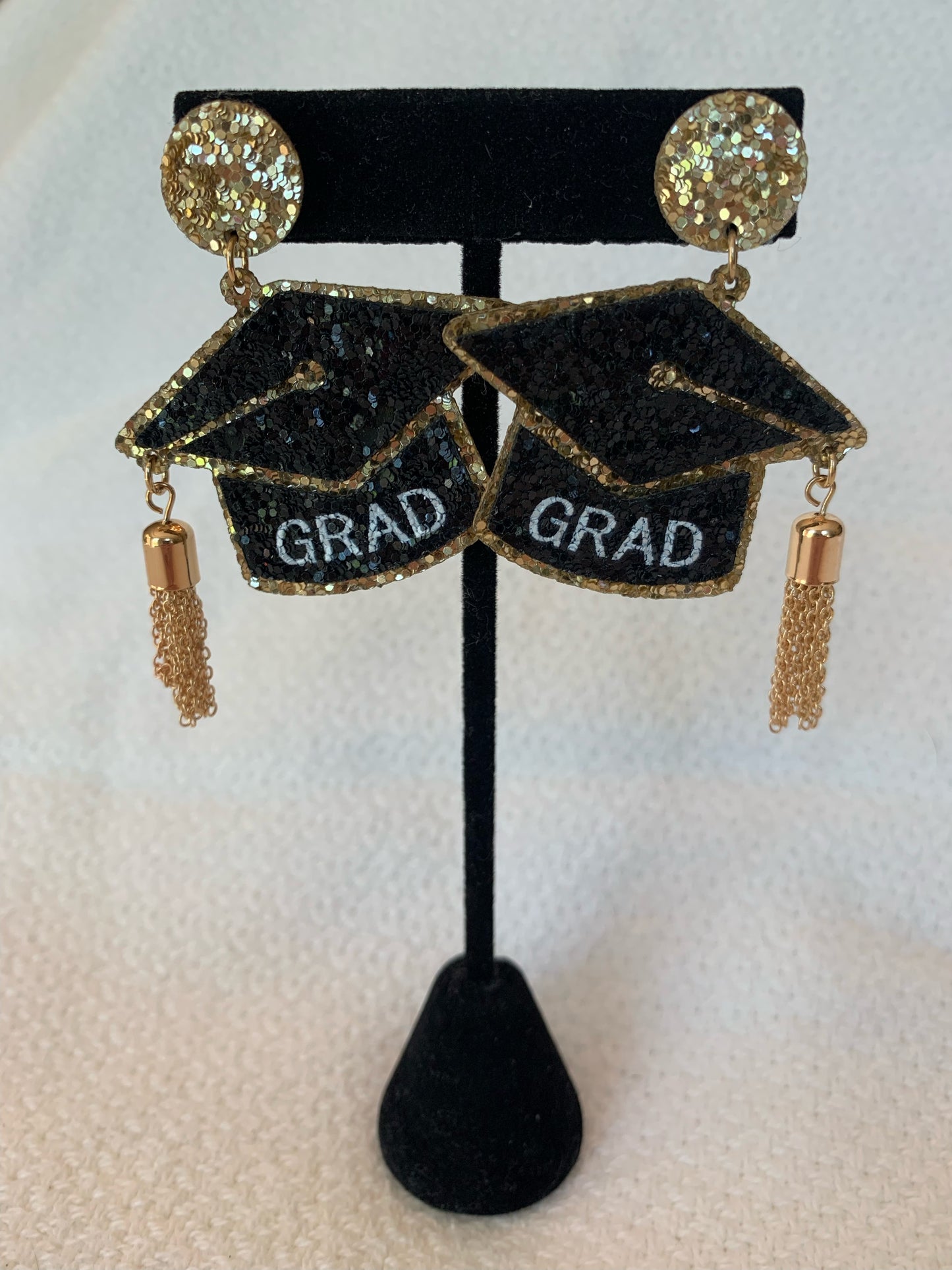 Grad Cap Gold and Black Glitter With Tassel Graduation Earrings