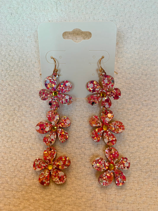 Flower Glitter 3 Drop Earrings