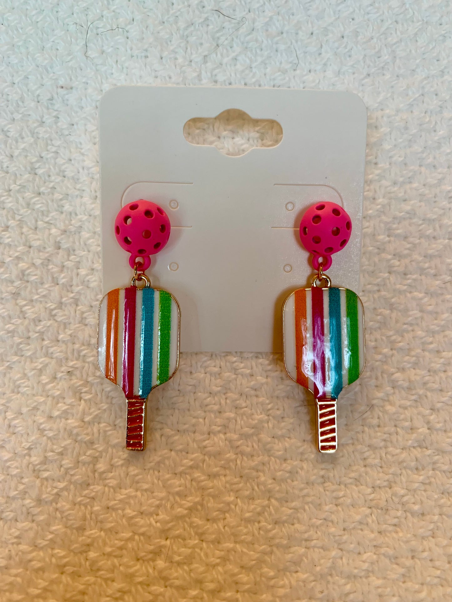 Stripe Pattern Pickleball & Ball Drop Earrings