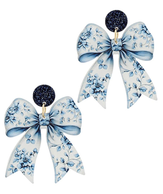 Acrylic Blue Detail Bow Earrings