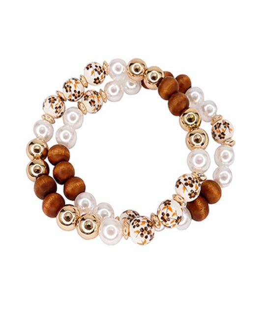 2 Row Ceramic & Wood Ball Bracelet