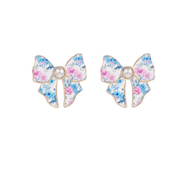 Flower Pattern Bow & Pearl Earrings