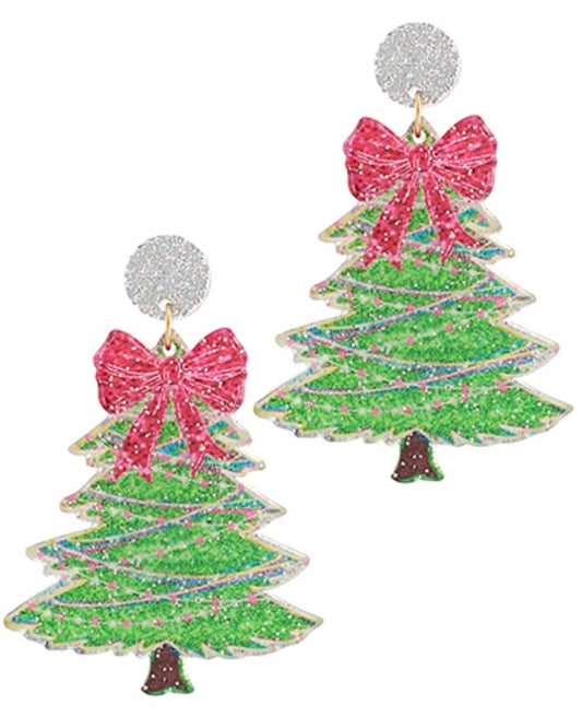 Acrylic Christmas Tree with Pink Bow Earrings