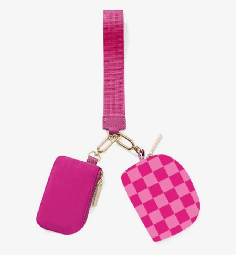Double Pouch Wristlet- Pink Checkered
