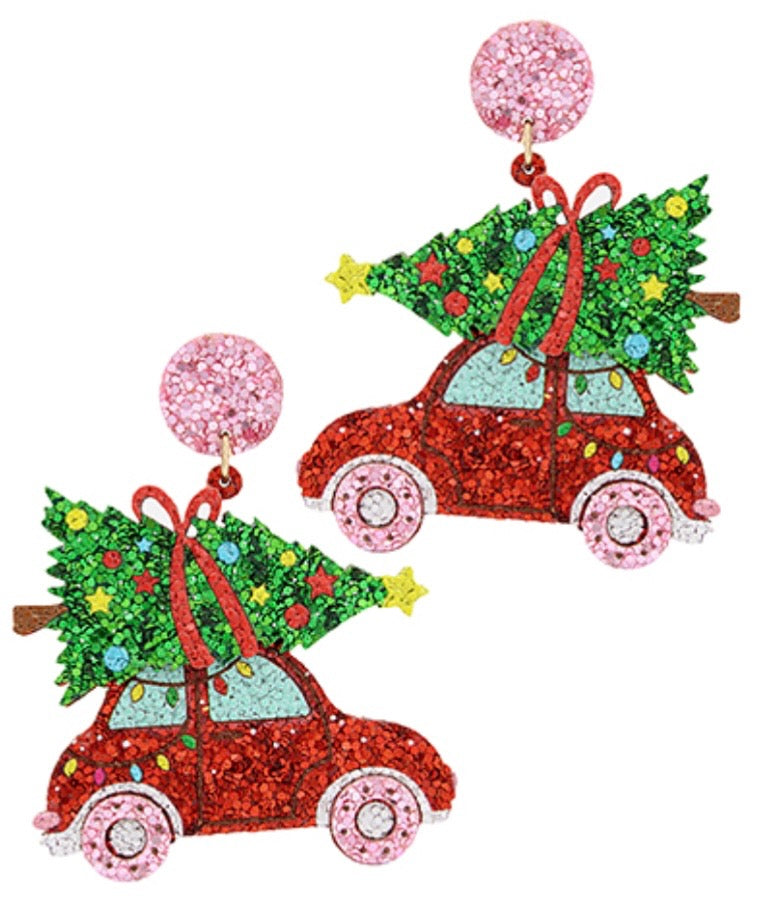 Christmas Tree Holiday Classic Red Car Sparkle Earrings
